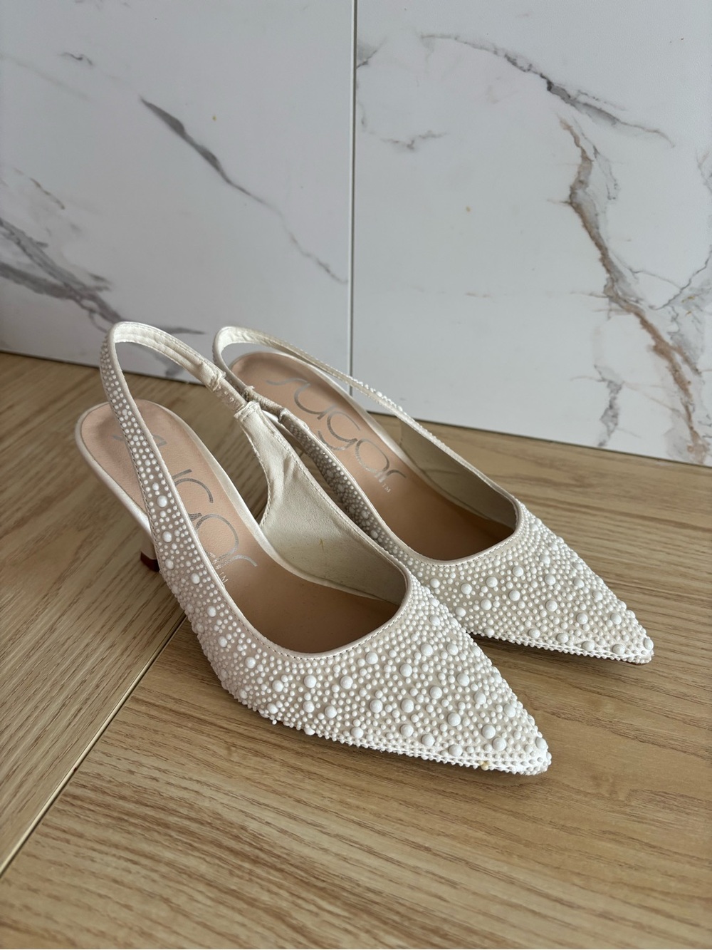 Sugar Ivory Pearl-Embellished Slingback Heels NWT